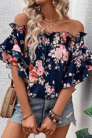 Blue Ruffle Off Shoulder Flounce Sleeve Floral Blouse - Fashion Queen -  1